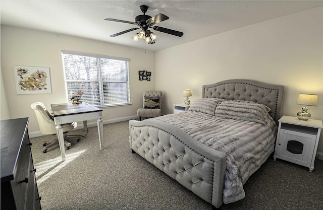 living area with light carpet, vaulted ceiling, a ceiling fan, baseboards, and a textured ceiling