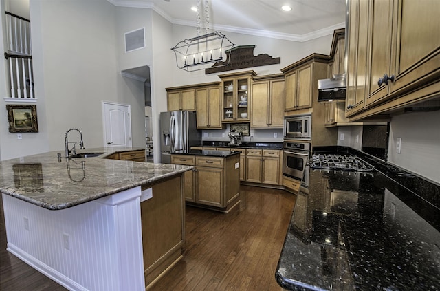 kitchen featuring pendant lighting, stainless steel appliances, glass insert cabinets, a sink, and an island with sink