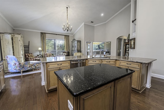 kitchen featuring a peninsula, open floor plan, a center island, dishwasher, and pendant lighting