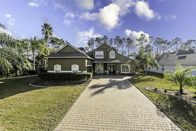 view of front of home featuring stucco siding, covered porch, decorative driveway, and a front yard