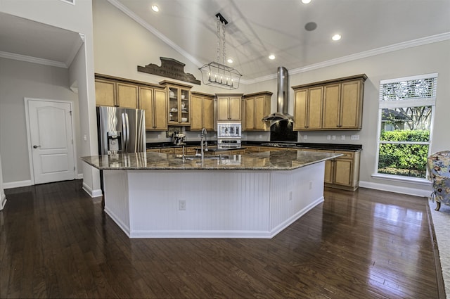 kitchen with wall chimney exhaust hood, appliances with stainless steel finishes, a spacious island, and a sink