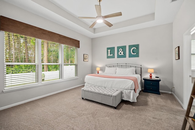 bedroom featuring ceiling fan, a raised ceiling, and carpet