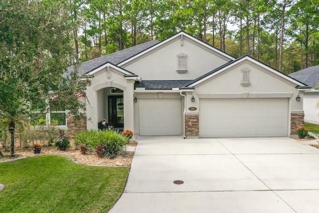 single story home featuring stone siding, stucco siding, roof with shingles, and a garage