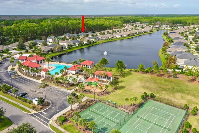 aerial view with a residential view and a water view