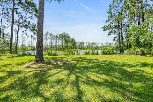 view of green lawn featuring a water view