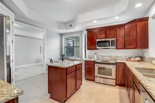 kitchen featuring sink, appliances with stainless steel finishes, a raised ceiling, light colored carpet, and light stone countertops