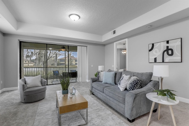 carpeted living room featuring a raised ceiling and a textured ceiling