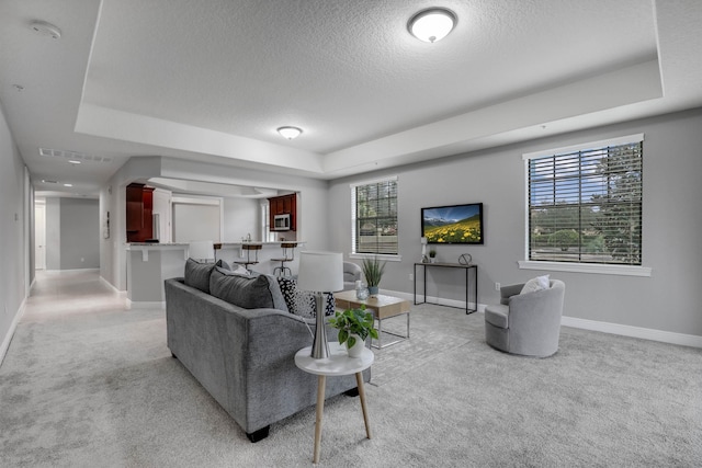 carpeted living room with a tray ceiling and a textured ceiling