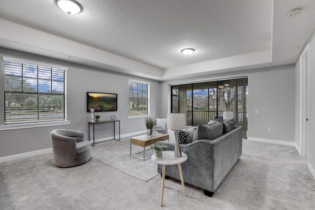 carpeted living room featuring a tray ceiling and a textured ceiling