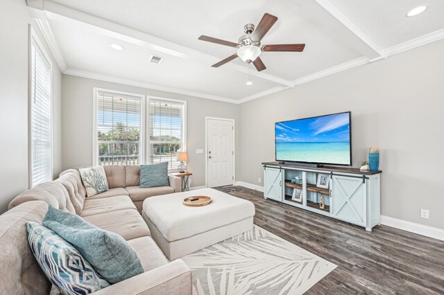 4954 A1A, Saint Augustine, FL 32080 - living room with dark wood-type flooring, ceiling fan, recessed lighting, beamed ceiling, and crown molding