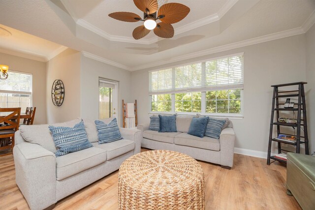 2 Lisbon St, Saint Augustine, FL 32080 - living room featuring a tray ceiling, healthy amount of natural light, light wood-style flooring, and ornamental molding