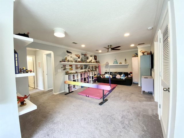118 Sierras Loop, Saint Augustine, FL 32086 - workout area featuring ornamental molding, ceiling fan, carpet flooring, recessed lighting, and a textured ceiling