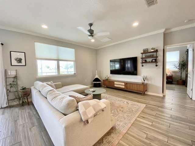 118 Sierras Loop, Saint Augustine, FL 32086 - living area with ceiling fan, light wood finished floors, plenty of natural light, recessed lighting, and crown molding