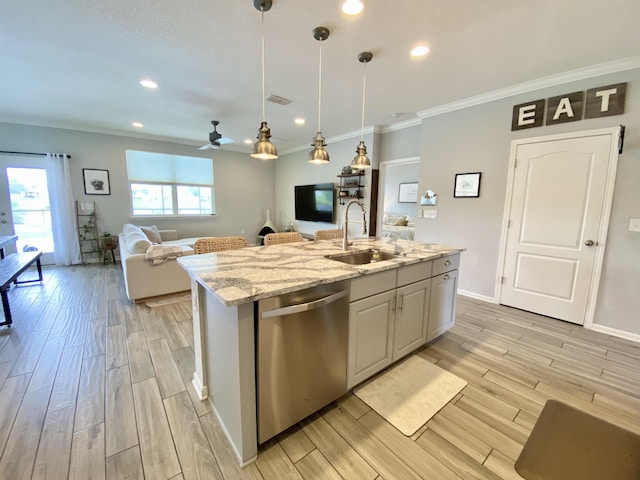 118 Sierras Loop, Saint Augustine, FL 32086 - kitchen with dishwasher, a ceiling fan, light wood-type flooring, open floor plan, and crown molding