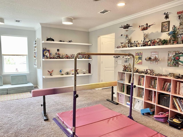 118 Sierras Loop, Saint Augustine, FL 32086 - playroom featuring carpet flooring, crown molding, and a textured ceiling