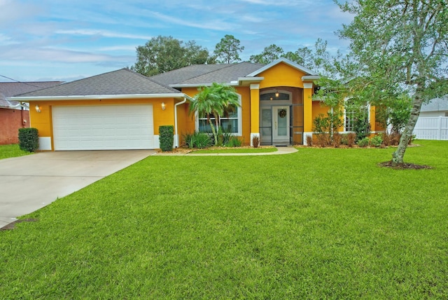 4 Eastgate Ln, Palm Coast, FL 32164 - ranch-style house featuring an attached garage, concrete driveway, a front yard, and stucco siding