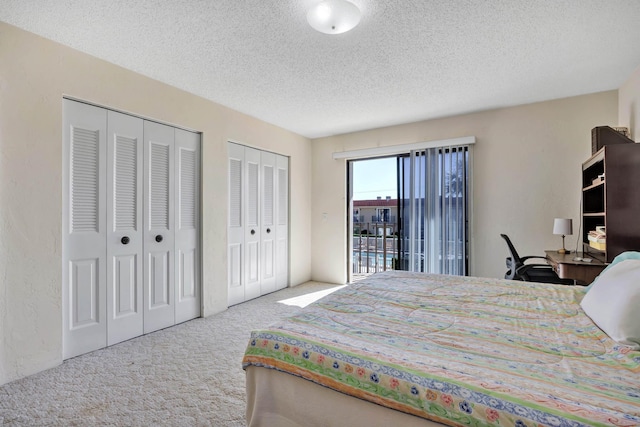 bedroom featuring carpet, two closets, and a textured ceiling