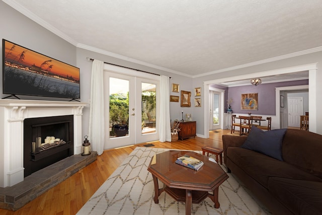 6 E Park Ave, Saint Augustine, FL 32084 - living room featuring a fireplace with raised hearth, wood finished floors, and ornamental molding