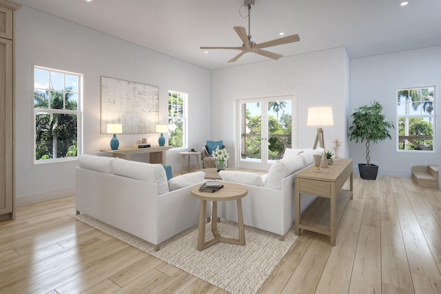 living room featuring light wood-type flooring and ceiling fan