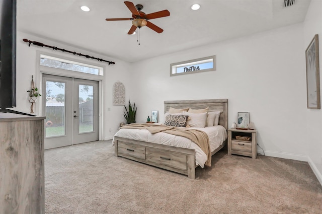 carpeted bedroom featuring ceiling fan, access to outside, and french doors