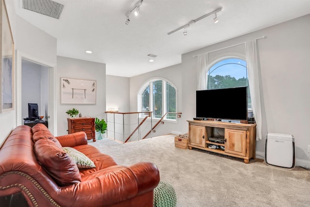 living room with light carpet and track lighting