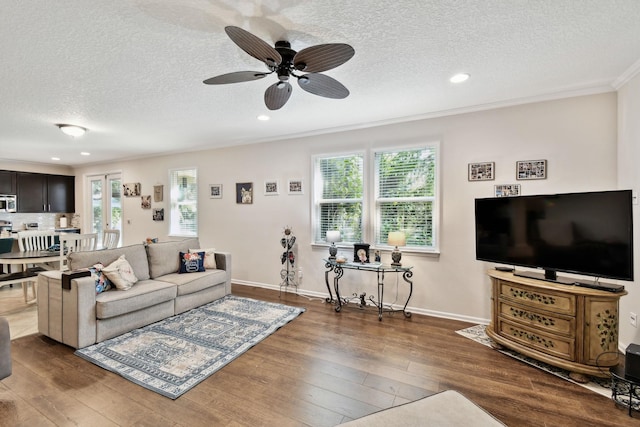 living room featuring ornamental molding, dark wood-type flooring, and a healthy amount of sunlight