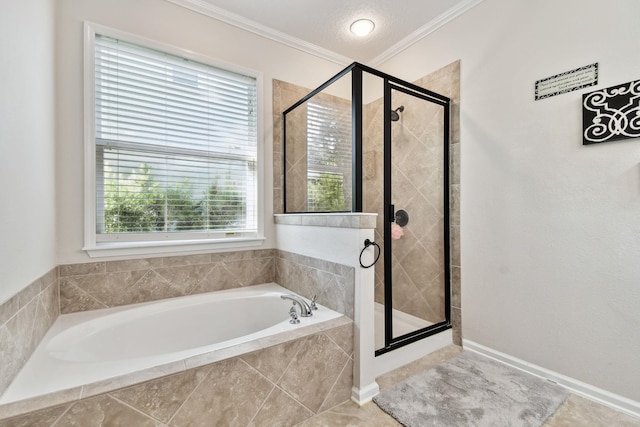 bathroom with a wealth of natural light, crown molding, and plus walk in shower