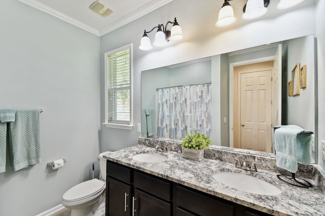 bathroom featuring toilet, vanity, a shower with shower curtain, and ornamental molding