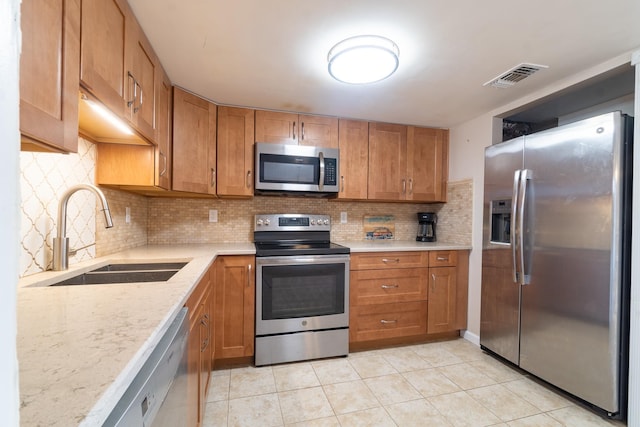 4602 Sandcastle Cir, Saint Augustine, FL 32084 - kitchen featuring stainless steel appliances, visible vents, backsplash, brown cabinets, and light countertops