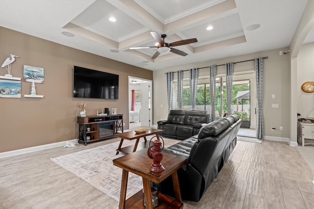 living room featuring beam ceiling, ceiling fan, light hardwood / wood-style flooring, and coffered ceiling