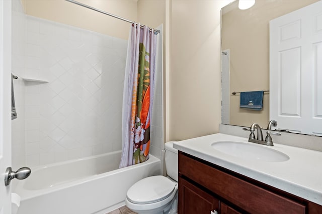 full bathroom with vanity, shower / bathtub combination with curtain, and toilet