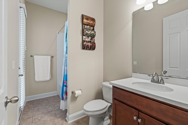 bathroom featuring tile patterned flooring, vanity, toilet, and a shower with shower curtain