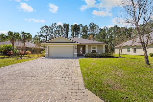 ranch-style house with stucco siding, an attached garage, decorative driveway, and a front yard