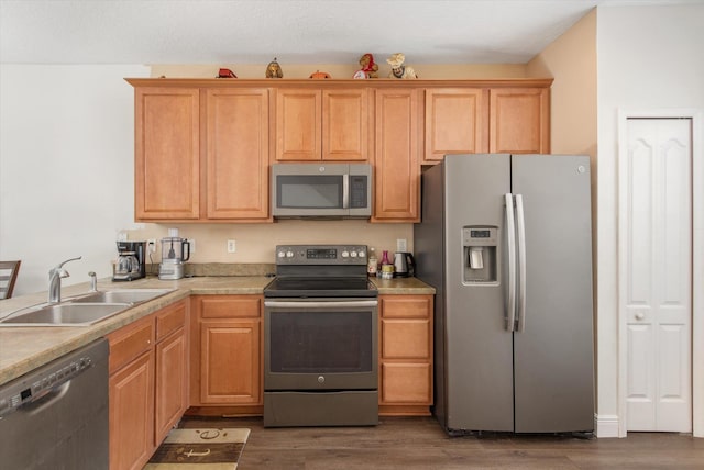 kitchen with appliances with stainless steel finishes, dark hardwood / wood-style flooring, and sink