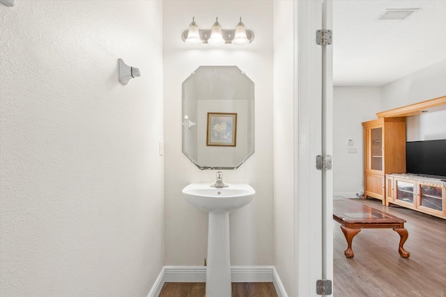 bathroom with hardwood / wood-style floors