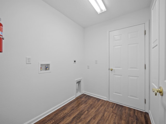 washroom featuring washer hookup, dark wood finished floors, electric dryer hookup, laundry area, and baseboards