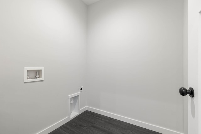 laundry room featuring hookup for an electric dryer, baseboards, dark wood-style floors, washer hookup, and laundry area