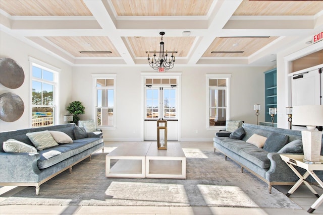 living room featuring coffered ceiling, wood ceiling, a chandelier, and beamed ceiling