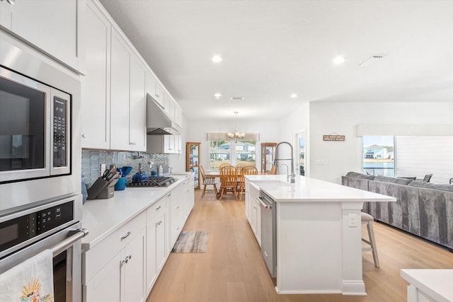 kitchen with appliances with stainless steel finishes, sink, an island with sink, and white cabinets