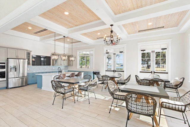 dining space featuring coffered ceiling, a notable chandelier, wood ceiling, and beamed ceiling