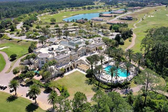 bird's eye view featuring a water view and golf course view