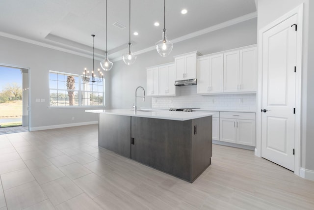 kitchen with tasteful backsplash, under cabinet range hood, a sink, and crown molding