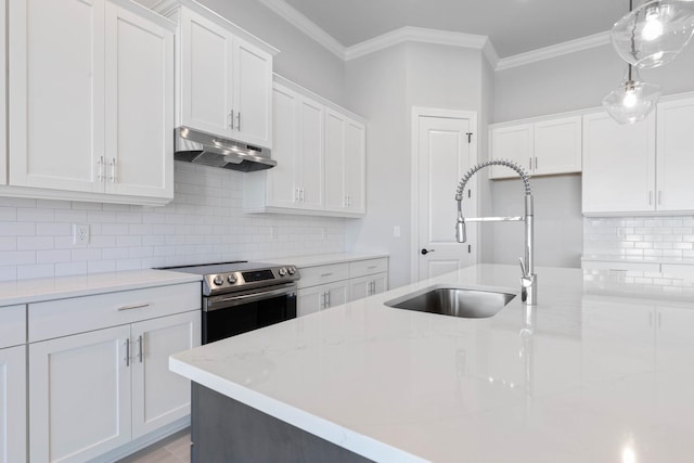 kitchen featuring stainless steel electric range, under cabinet range hood, white cabinetry, and a sink