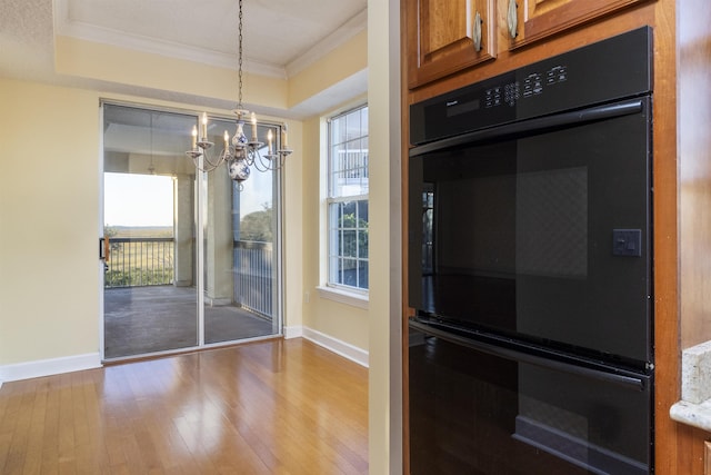 kitchen with double oven, hardwood / wood-style flooring, and a wealth of natural light