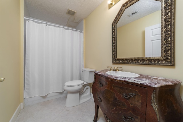 full bathroom with tile patterned floors, a textured ceiling, toilet, vanity, and shower / tub combo