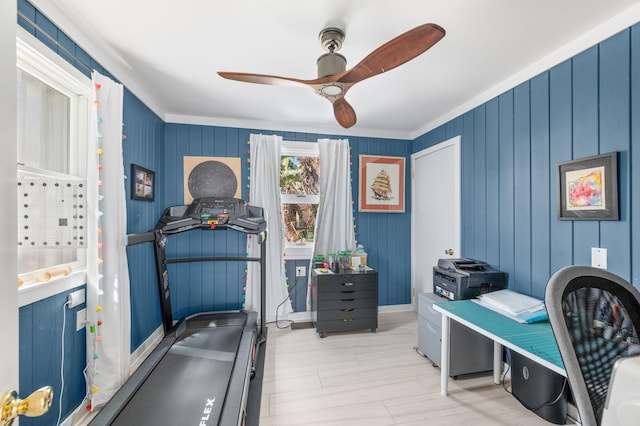 interior space with crown molding and a ceiling fan