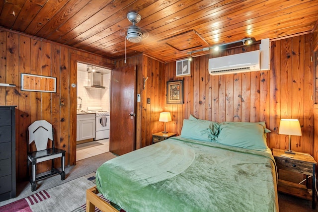 bedroom featuring an AC wall unit, wood walls, wood ceiling, and light colored carpet