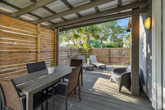 wooden deck featuring fence and outdoor dining area