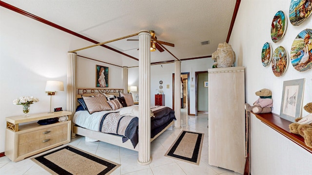 bedroom featuring light tile patterned floors, a textured ceiling, crown molding, visible vents, and ceiling fan