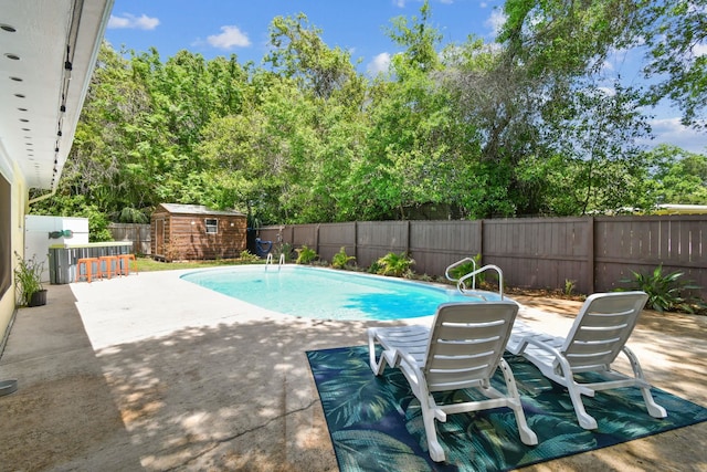 1300 Francis St, Saint Augustine, FL 32084 - view of swimming pool with a patio, a shed, an outbuilding, a fenced backyard, and a fenced in pool